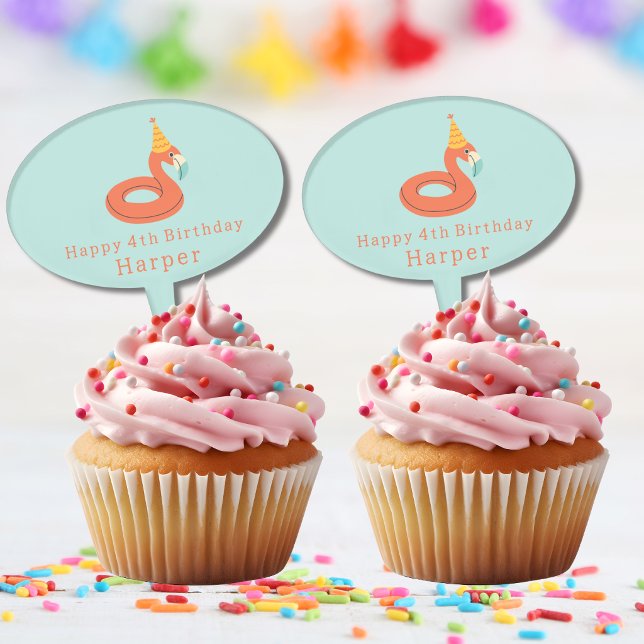 summer flamingo float kids birthday pool party cake topper (flamingo happy birthday pool party cupcake cake topper )