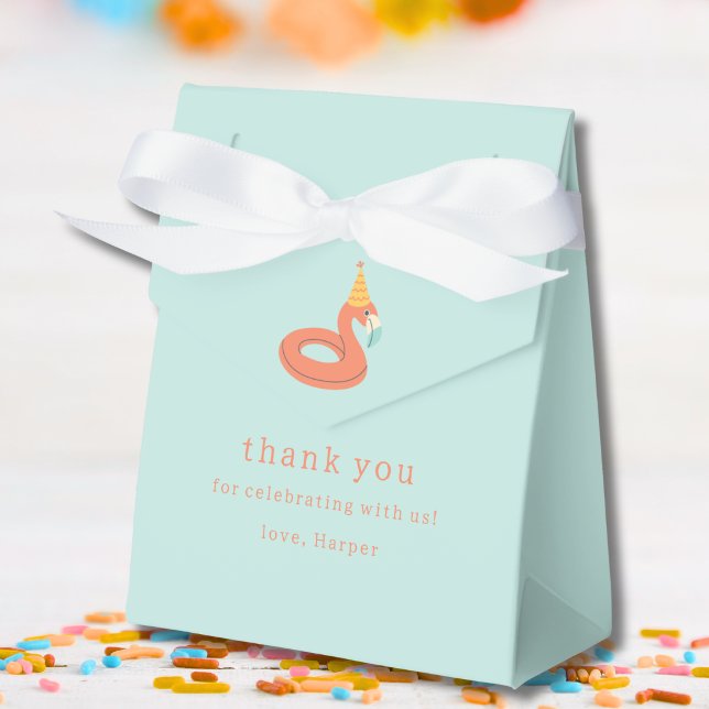 summer flamingo float kids birthday pool party fav favor boxes (flamingo birthday pool party thank you for celebrating with us party favor gift box modern)