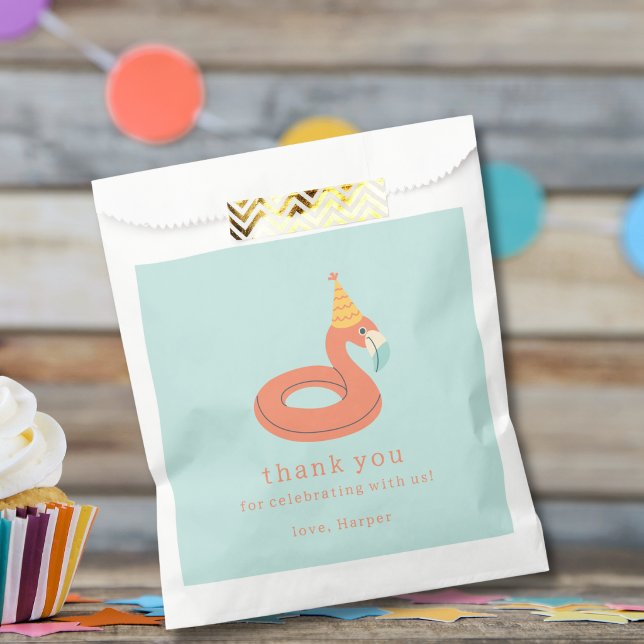 summer flamingo float kids birthday pool party favor bag (flamingo birthday pool party personalized name thank you for celebrating with us party favor bag
)