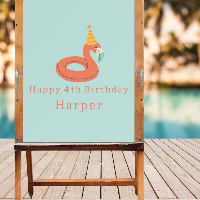summer flamingo float kids birthday pool party foam board (flamingo happy birthday pool party modern aesthetic from board large Wellcome sign)