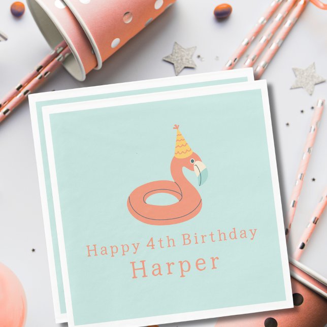 summer flamingo float kids birthday pool party napkins (flamingo happy birthday pool party modern paper napkins party supplies products)