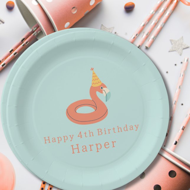 summer flamingo float kids birthday pool party paper plates (flamingo happy birthday pool party modern paper plates paper party products & supplies)