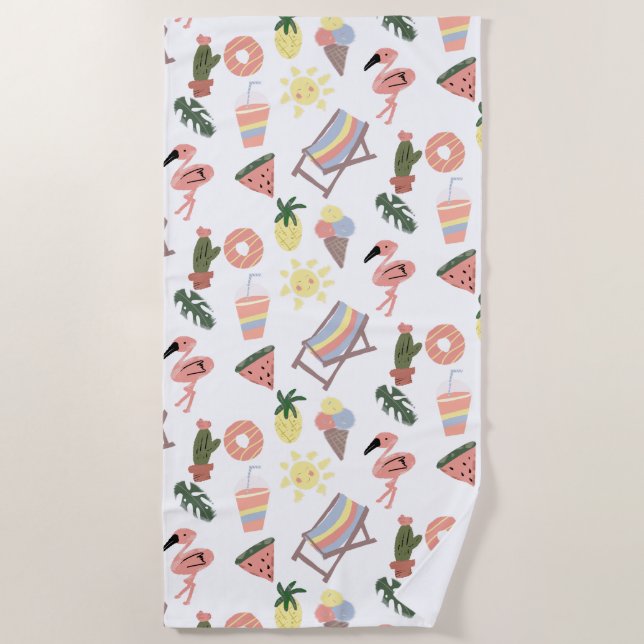 Summer Flamingo Hand Drawn Doodles Beach Towel (Front)