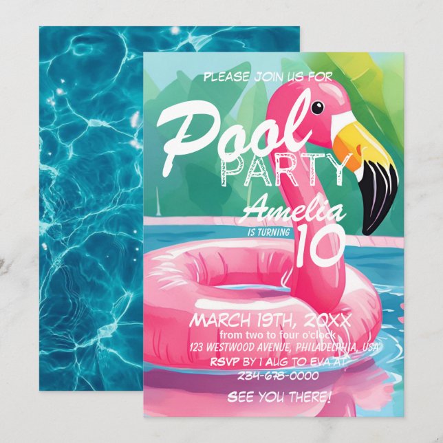  Summer Flamingo Pool Party Girl 10th Birthday Invitation (Front/Back)