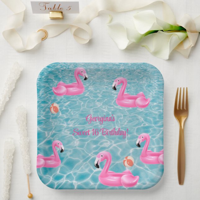 Summer Flamingo Pool Party Sweet 16 Birthday Paper Plates (Wedding)