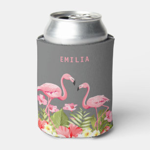 Summer Flamingos floral salmon pink name tropical Can Cooler
