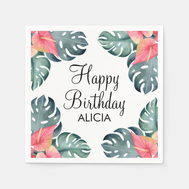 Summer Flora Pink Anthurium & Monstera Birthday Napkins (Front)