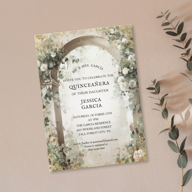 Summer Floral Arch Enchanted Garden Quinceañera  Invitation (elegant white roses arch with golden accents sweet 16 birthday invitation)