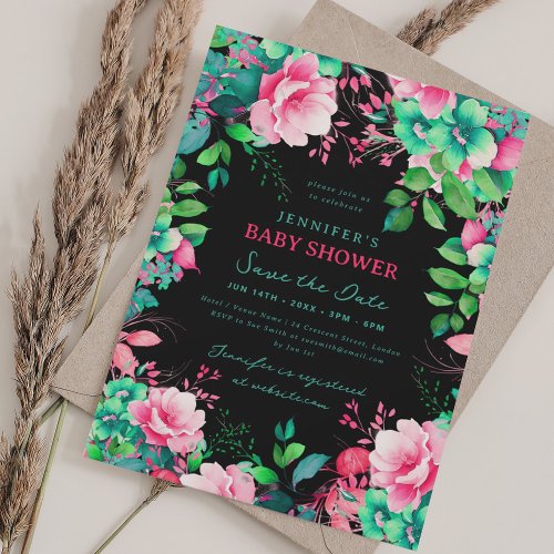 Summer Floral Baby Shower Save Date Black Invitation