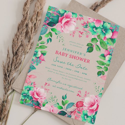 Summer Floral Baby Shower Save Date Champagne Invitation