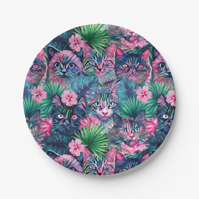 Summer floral cats paper plates (Front)