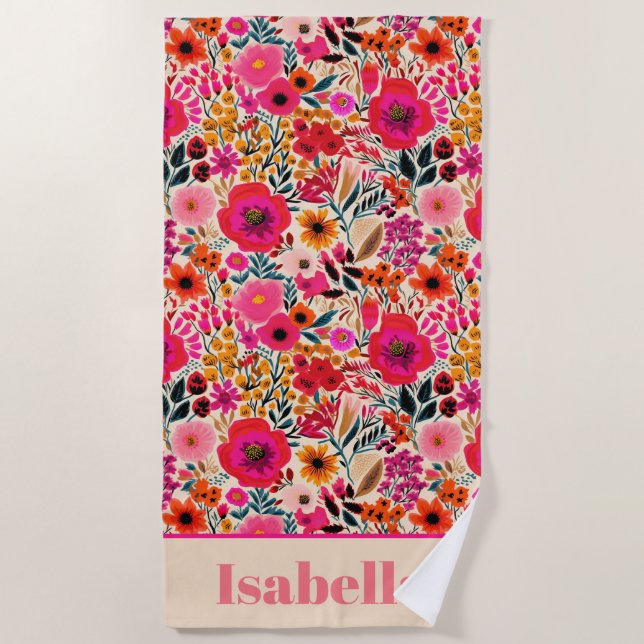 Summer Floral Colorful Pink Personalized Beach Towel (Front)