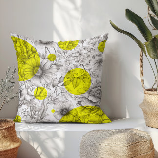Summer Floral decorative Yellow Retro Peonies Throw Pillow