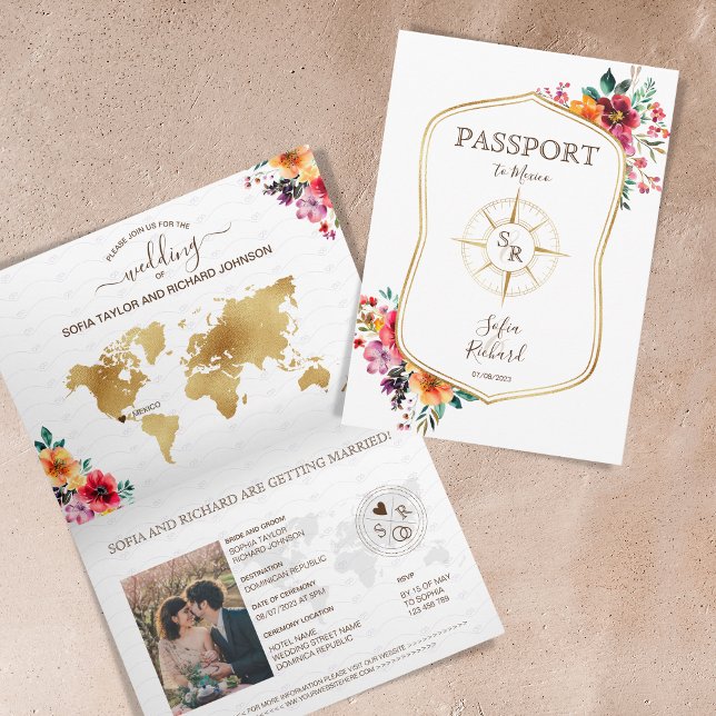 Summer Floral Destination Wedding Passport Invitation (floral passport invitation)