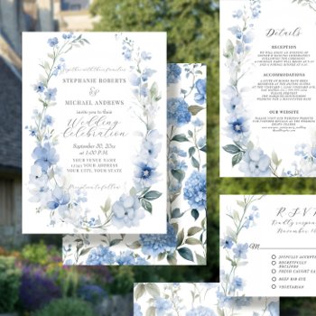Summer Floral Elegant Blue And White Wedding Invitation by ModernStylePaperie at Zazzle