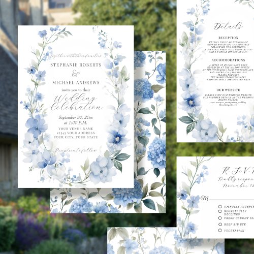 Summer Floral Elegant Blue and White Wedding Invitation