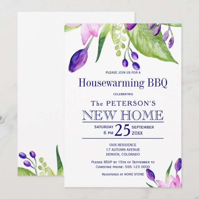 Summer floral elegant housewarming bbq invitation (Front/Back)