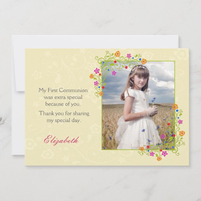 Summer Floral Frame, Yellow Photo Thank You Card (Front)