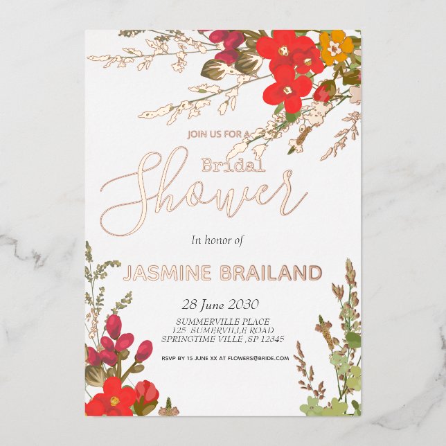 Summer Floral Garden Wildflowers Bridal Shower Foil Invitation (Front)
