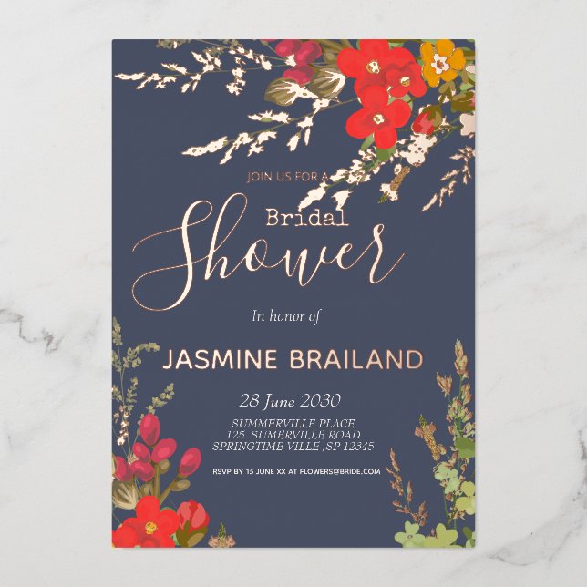 Summer Floral Garden Wildflowers Bridal Shower Foil Invitation (Front)