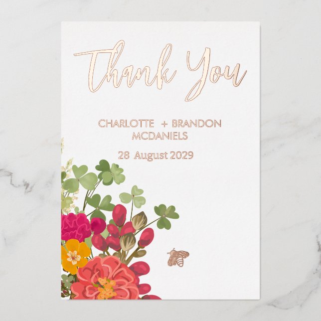 Summer Floral Garden Wildflowers Wedding Thank You Foil Invitation (Front)