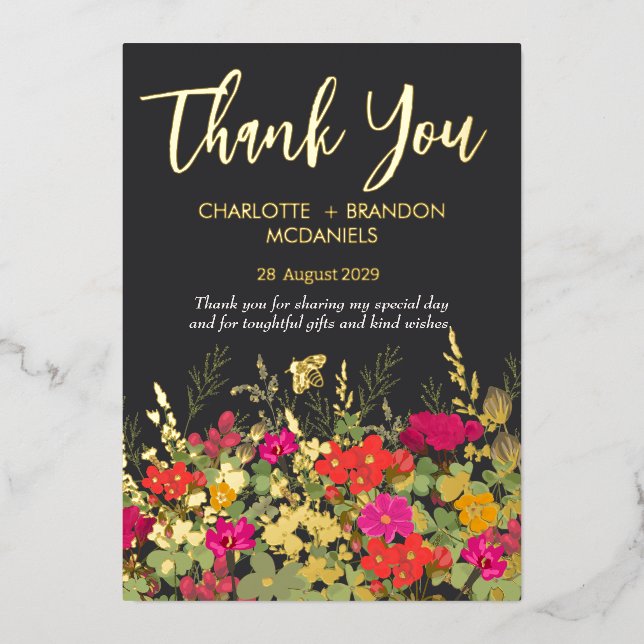 Summer Floral Garden Wildflowers Wedding Thank You Foil Invitation (Front)
