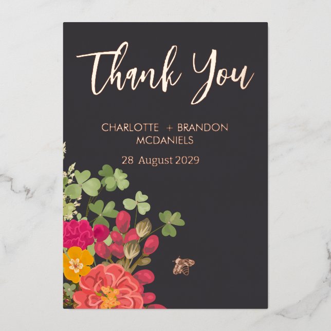 Summer Floral Garden Wildflowers Wedding Thank You Foil Invitation (Front)