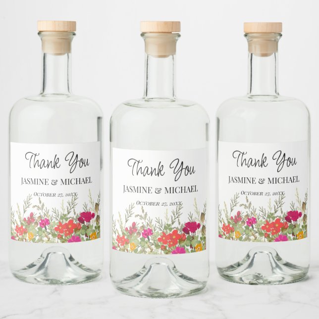 Summer Floral Garden Wildflowers Wedding Thank You Liquor Bottle Label (Bottles)
