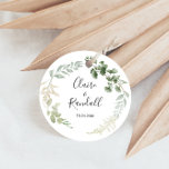 Summer Floral Green Foliage Wedding    Classic Round Sticker<br><div class="desc">This summer floral green foliage wedding classic round sticker is perfect for a simple wedding reception. The design features watercolor green leaves and white flowers bunched in artistic looking bouquets</div>