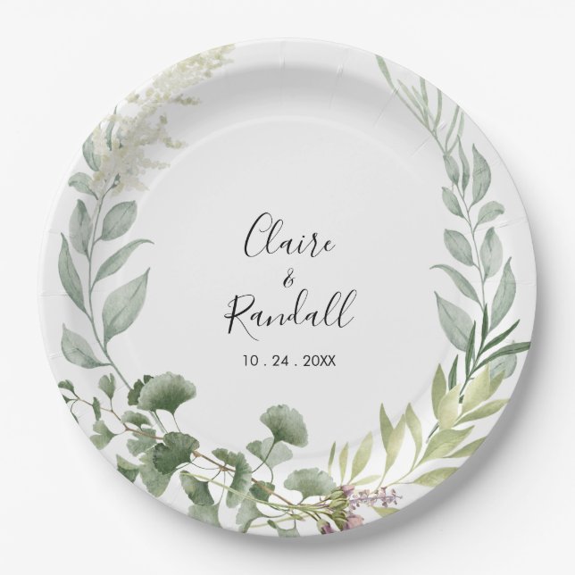  Summer Floral Green Foliage White Wedding  Paper Plates (Front)