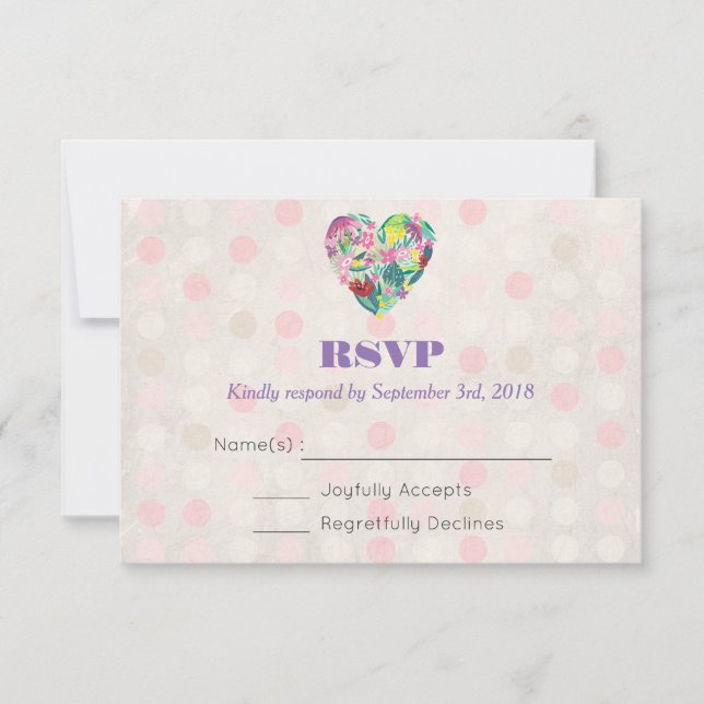 Summer Floral Heart in Pink and Green Wedding RSVP (Front)