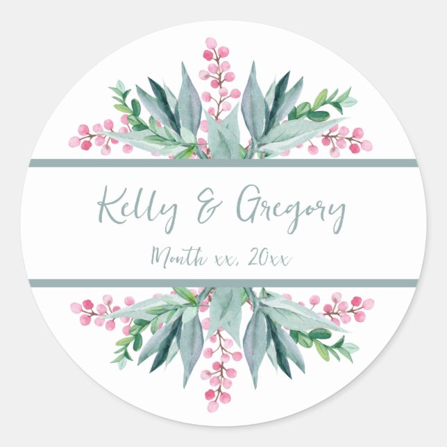 Summer Floral Mint Green Wedding  Classic Round Sticker (Front)