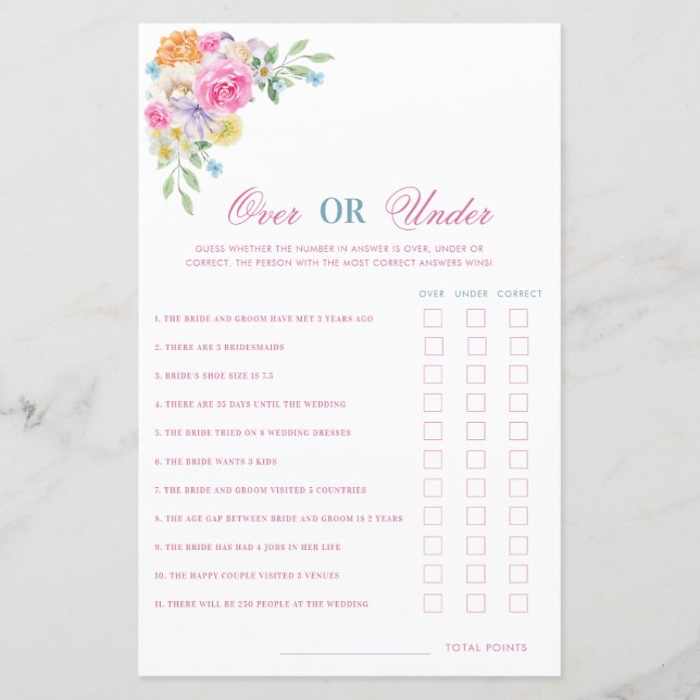 Summer Floral Over or Under Bridal Shower Game (Front)