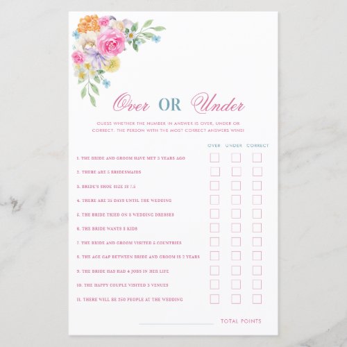 Summer Floral Over or Under Bridal Shower Game