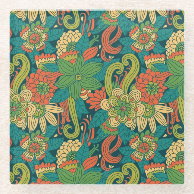 Summer floral pattern glass coaster (Front)