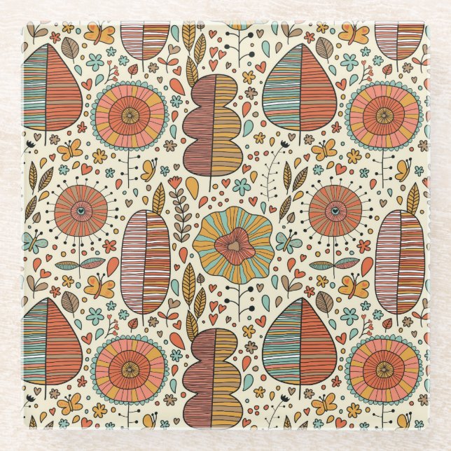 Summer floral pattern made of leaves glass coaster (Front)
