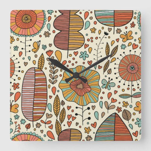 Summer floral pattern made of leaves square wall clock