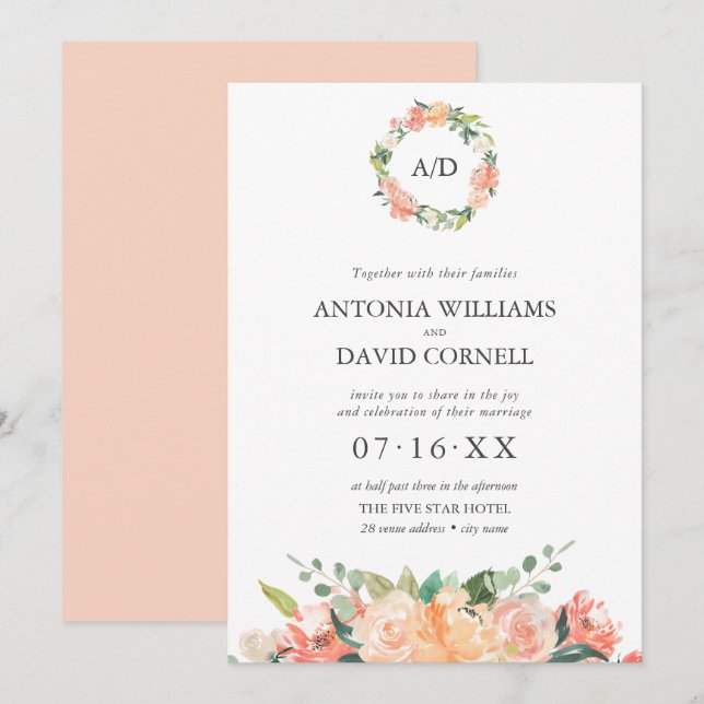 Summer Floral Peach  Botanical Monogram Wedding  Invitation (Front/Back)