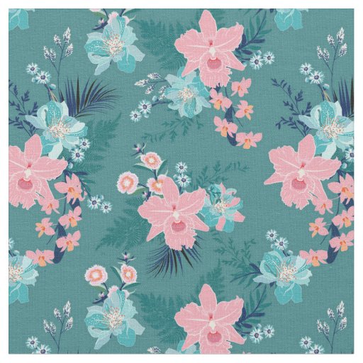 Summer Floral, Pink on Teal Background Fabric