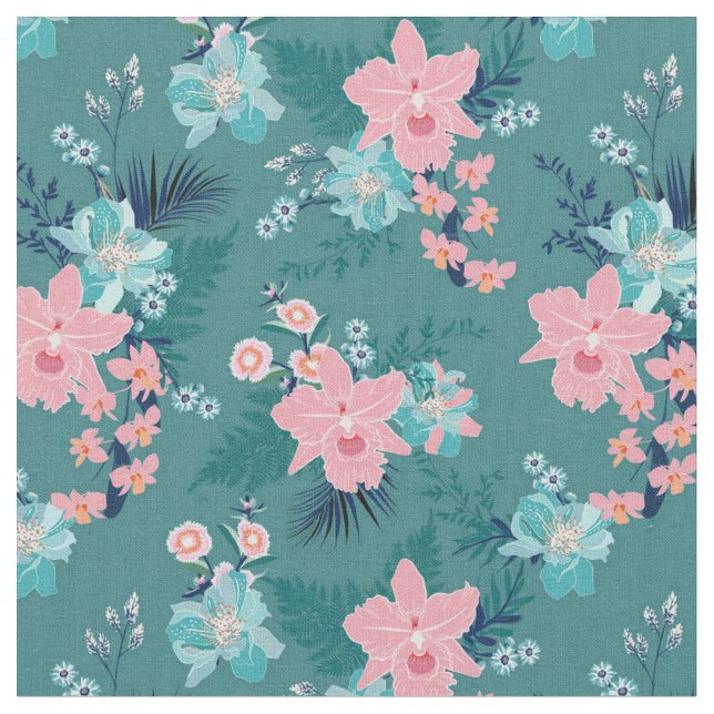 Summer Floral, Pink on Teal Background Fabric (Close Up)