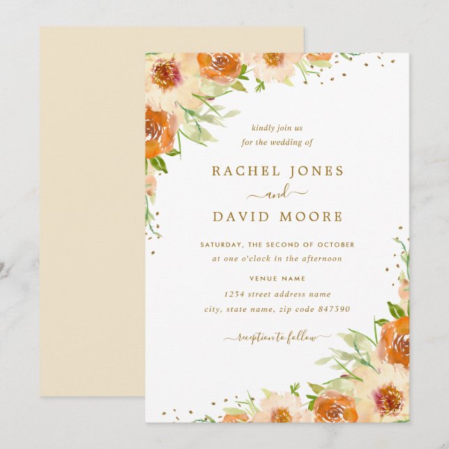 Summer Floral Watercolor Gold Wedding Invitation (Front/Back)