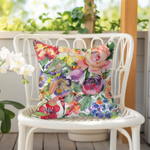 Summer Floral Watercolor Pattern Peach Purple Red Outdoor Pillow