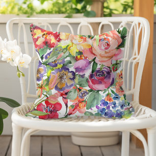Summer Floral Watercolor Pattern Peach Purple Red Outdoor Pillow