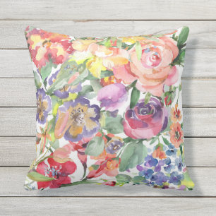 Summer Floral Watercolor Pattern Peach Purple Red Outdoor Pillow