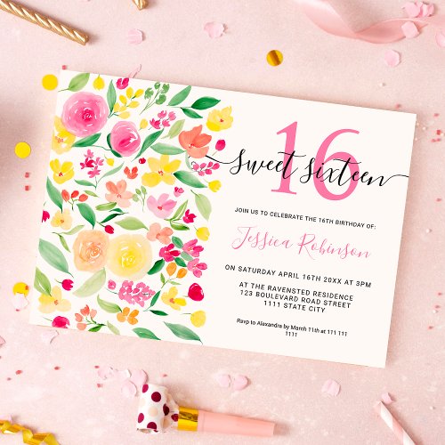 Summer floral watercolor pink Sweet 16 photo Invitation