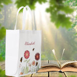 Summer florals meadow dusty earth orange grocery bag<br><div class="desc">A painted flower meadow in brown,  dusty earth,  burgundy,   yellow and green. With straw,  wildflowers and butterflies. White background. Template for your name.</div>