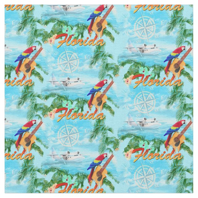 Summer Florida Seaplane Tropical Beach Coastal Fabric (Close Up)