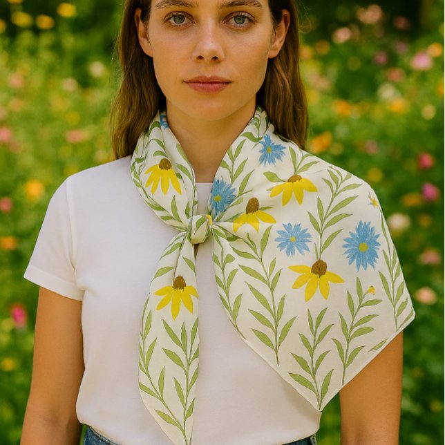 Summer Flower blooms blue yellow Chiffon Scarf (Light chiffon scarf with wildflowers an easy summer accent for summer fashion looks )