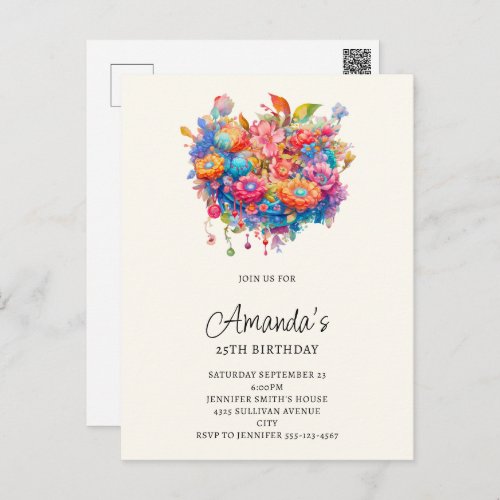 Summer Flower Bouquet Birthday Invitation Postcard