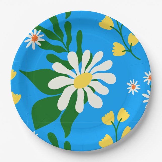 Summer Flower Bouquet on Blue Paper Plates (Front)